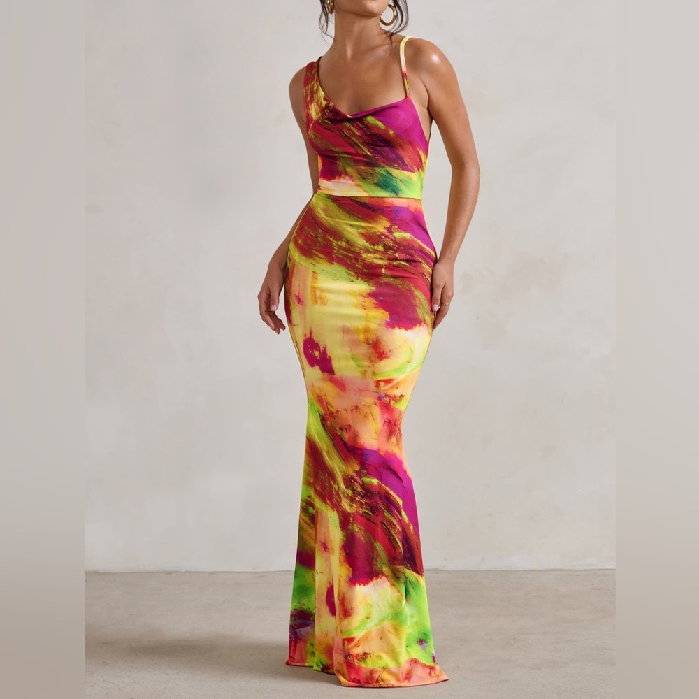 Club L London Multicolor Tie-Dye Maxi Dress (Pink, Yellow, Green)